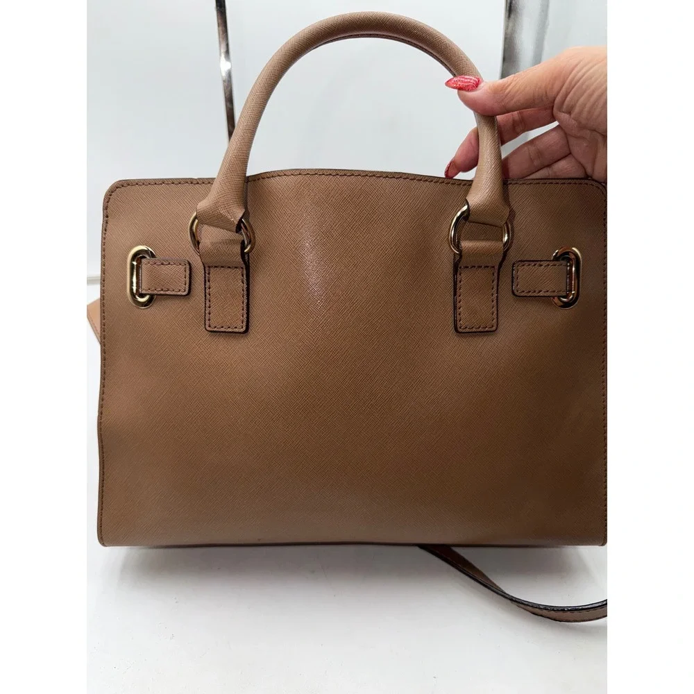 Michael Kors Hamilton Satchel Luggage Brown Saffiano Leather Handbag Gold Tone